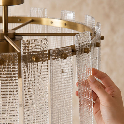 Textured Glass Semi-Flush Ceiling Light Copper Frame LED Warm Ambient