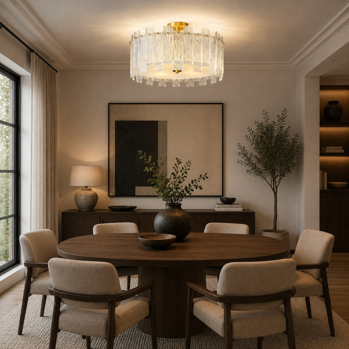 Textured Glass Semi-Flush Ceiling Light Copper Frame LED Warm Ambient