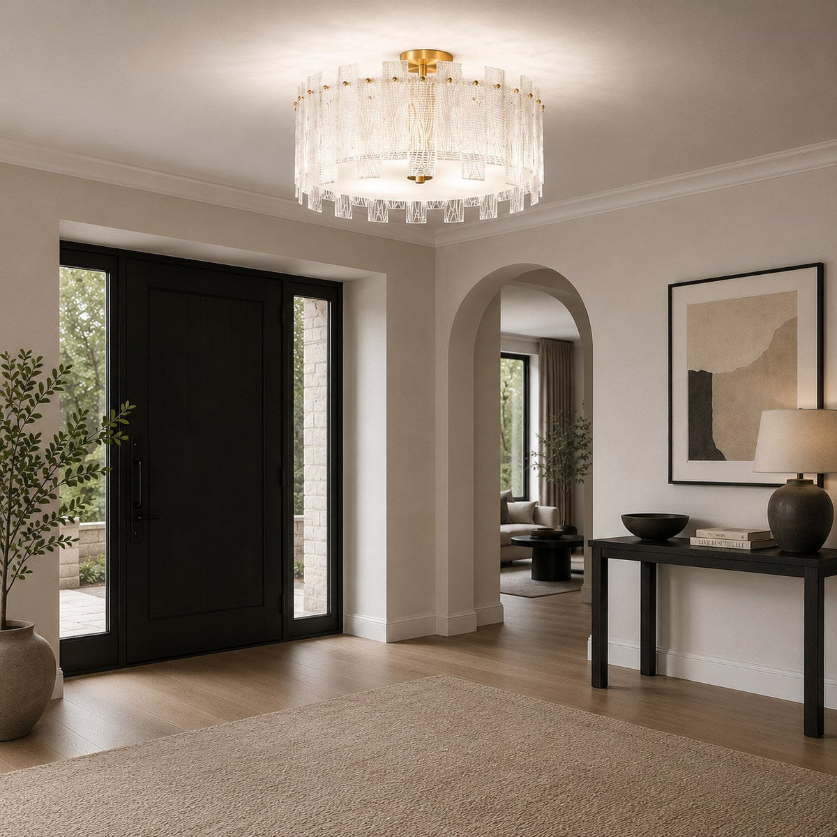Textured Glass Semi-Flush Ceiling Light Copper Frame LED Warm Ambient