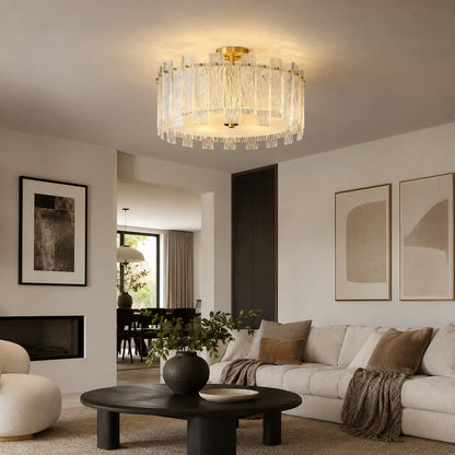 Textured Glass Semi-Flush Ceiling Light Copper Frame LED Warm Ambient