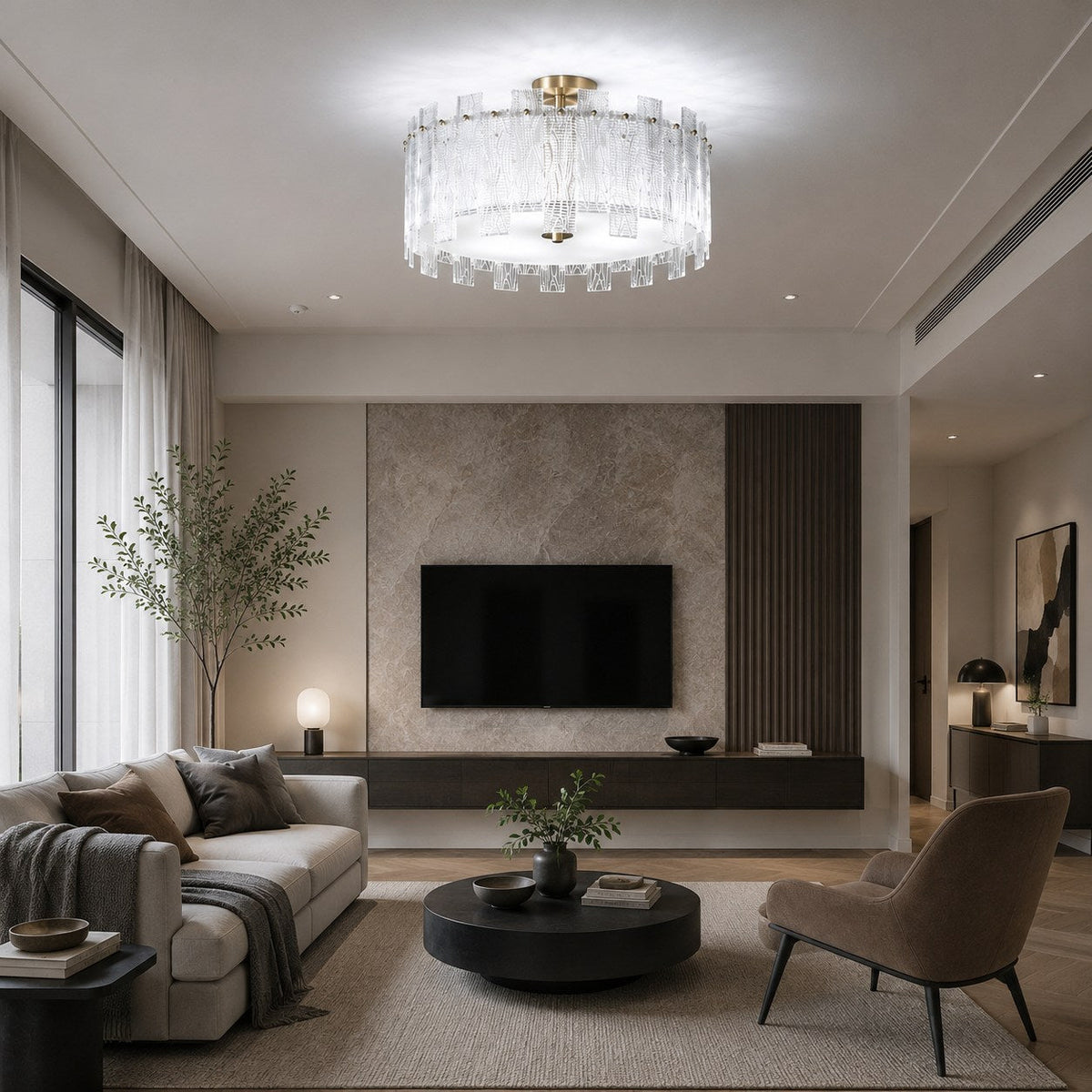 Textured Glass Semi-Flush Ceiling Light Copper Frame LED Warm Ambient