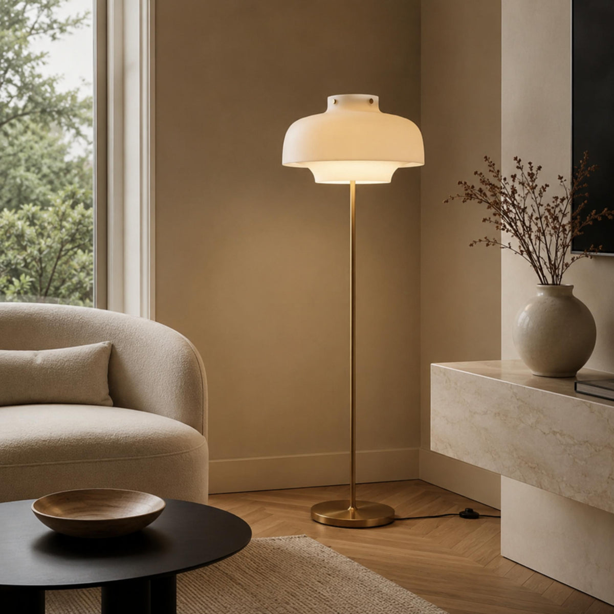 Opaline Glass Floor Lamp Gold LED Adjustable 150cm