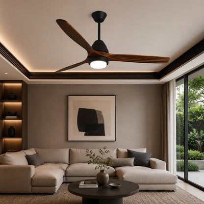 Three Wood Blade Ceiling Fan with 20W Tri-Colour LED Light 132 cm Black or White