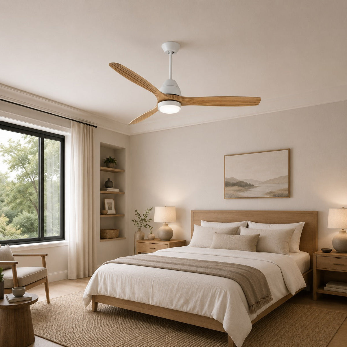 Three Wood Blade Ceiling Fan with 20W Tri-Colour LED Light 132 cm Black or White