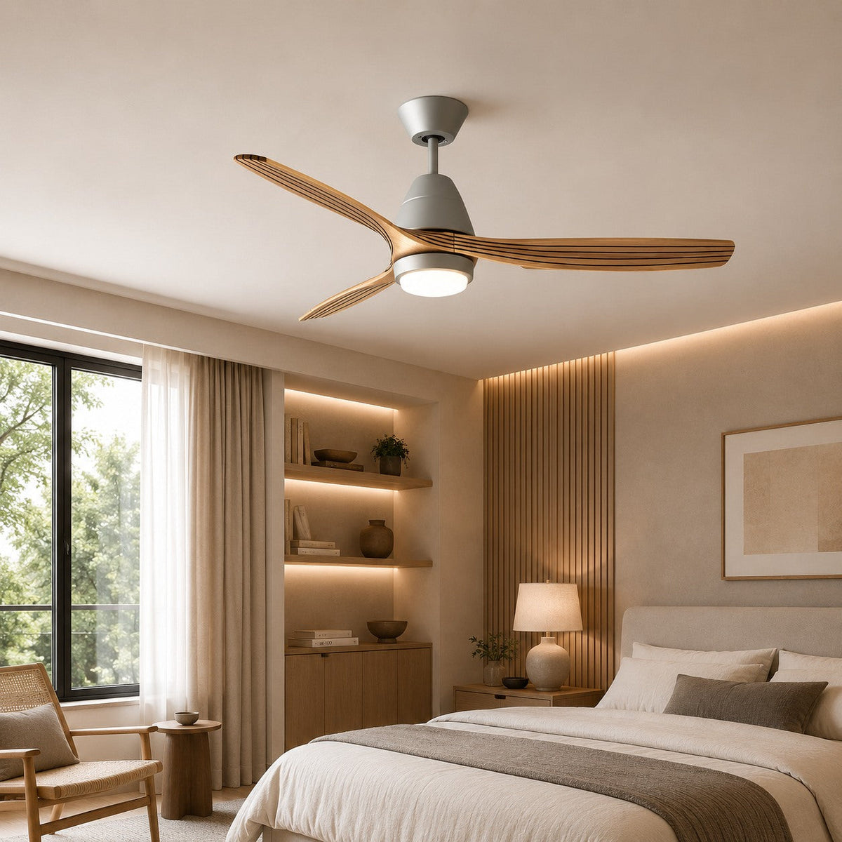 Three Wood Blade Ceiling Fan with 20W Tri-Colour LED Light 132 cm Black or White