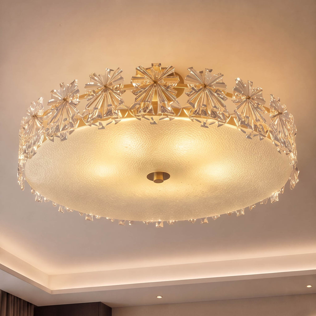 Starburst Glass Ceiling Light Copper Frame LED Flush Mount Soft Ambient