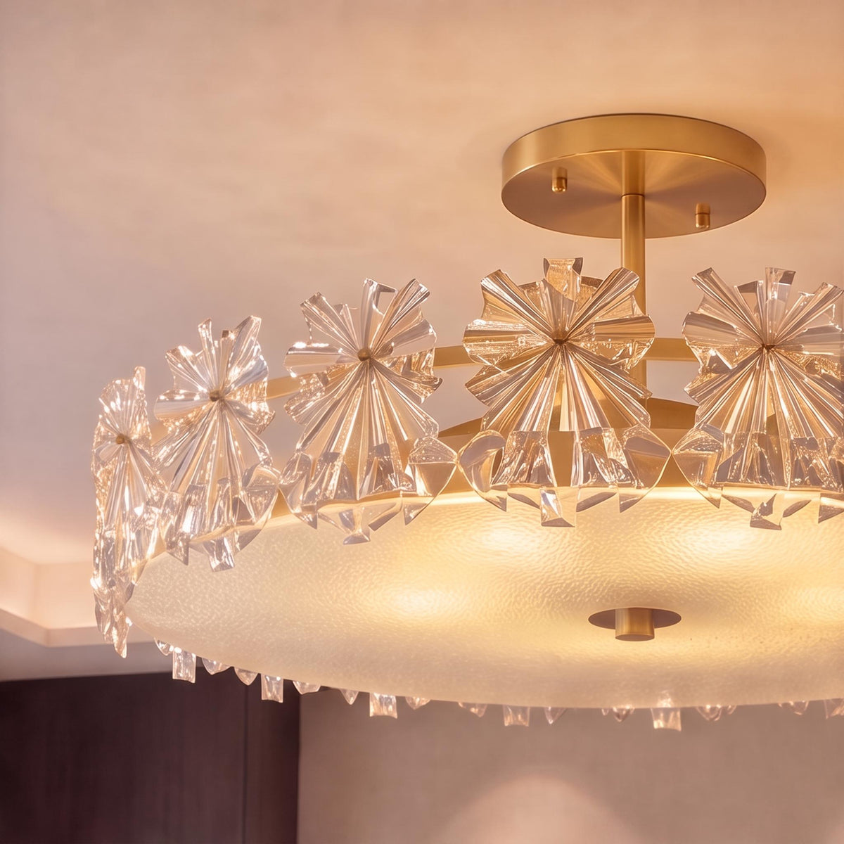 Starburst Glass Ceiling Light Copper Frame LED Flush Mount Soft Ambient