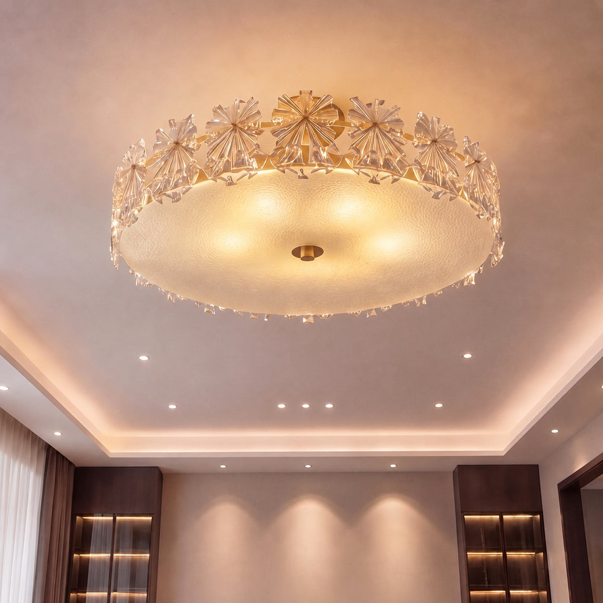 Starburst Glass Ceiling Light Copper Frame LED Flush Mount Soft Ambient