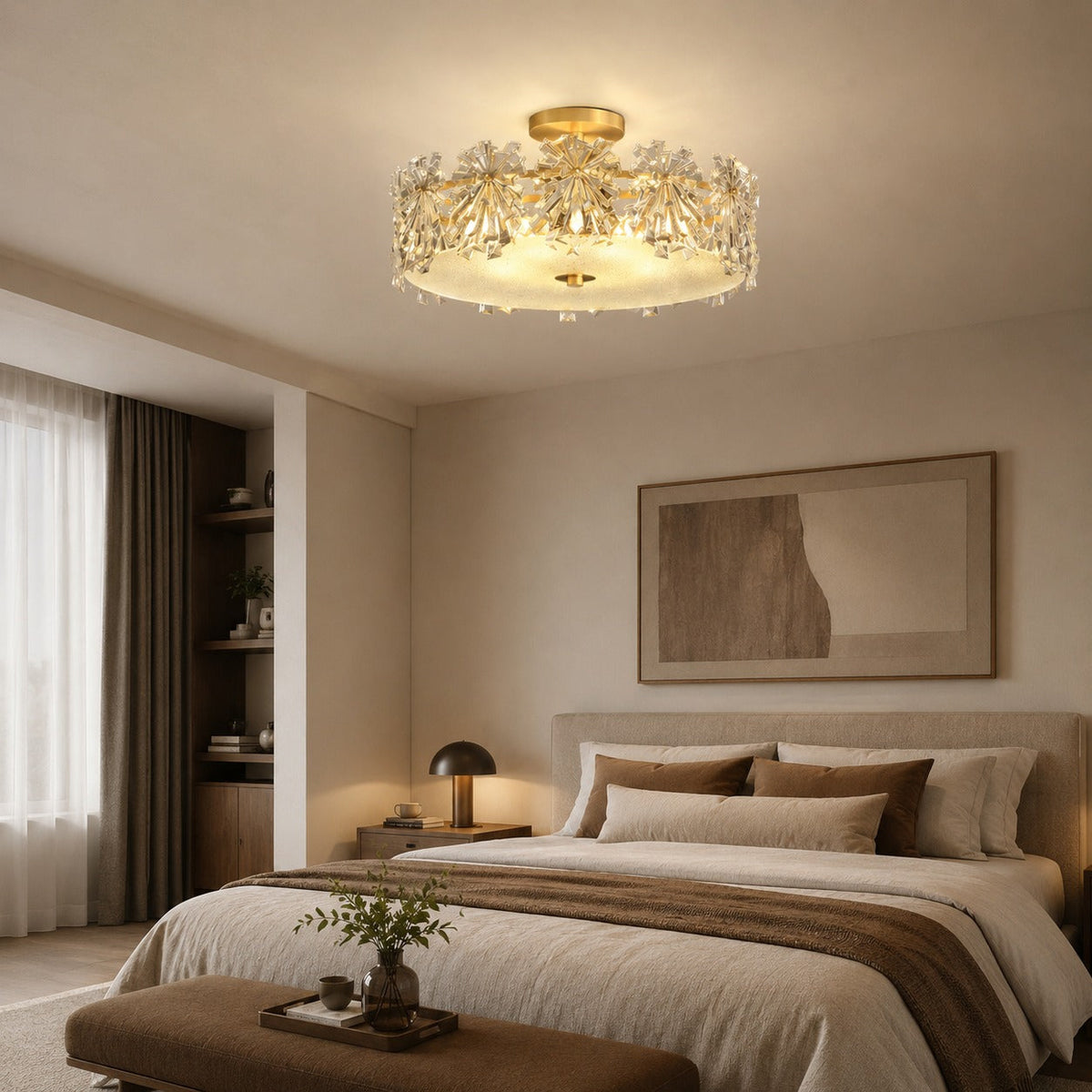 Starburst Glass Ceiling Light Copper Frame LED Flush Mount Soft Ambient