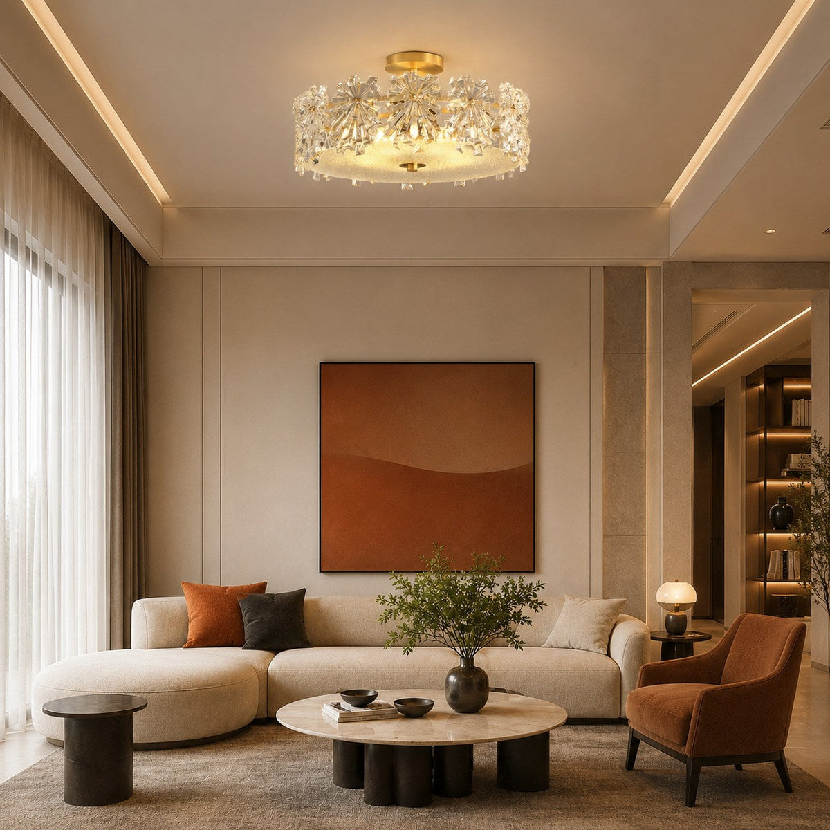 Starburst Glass Ceiling Light Copper Frame LED Flush Mount Soft Ambient