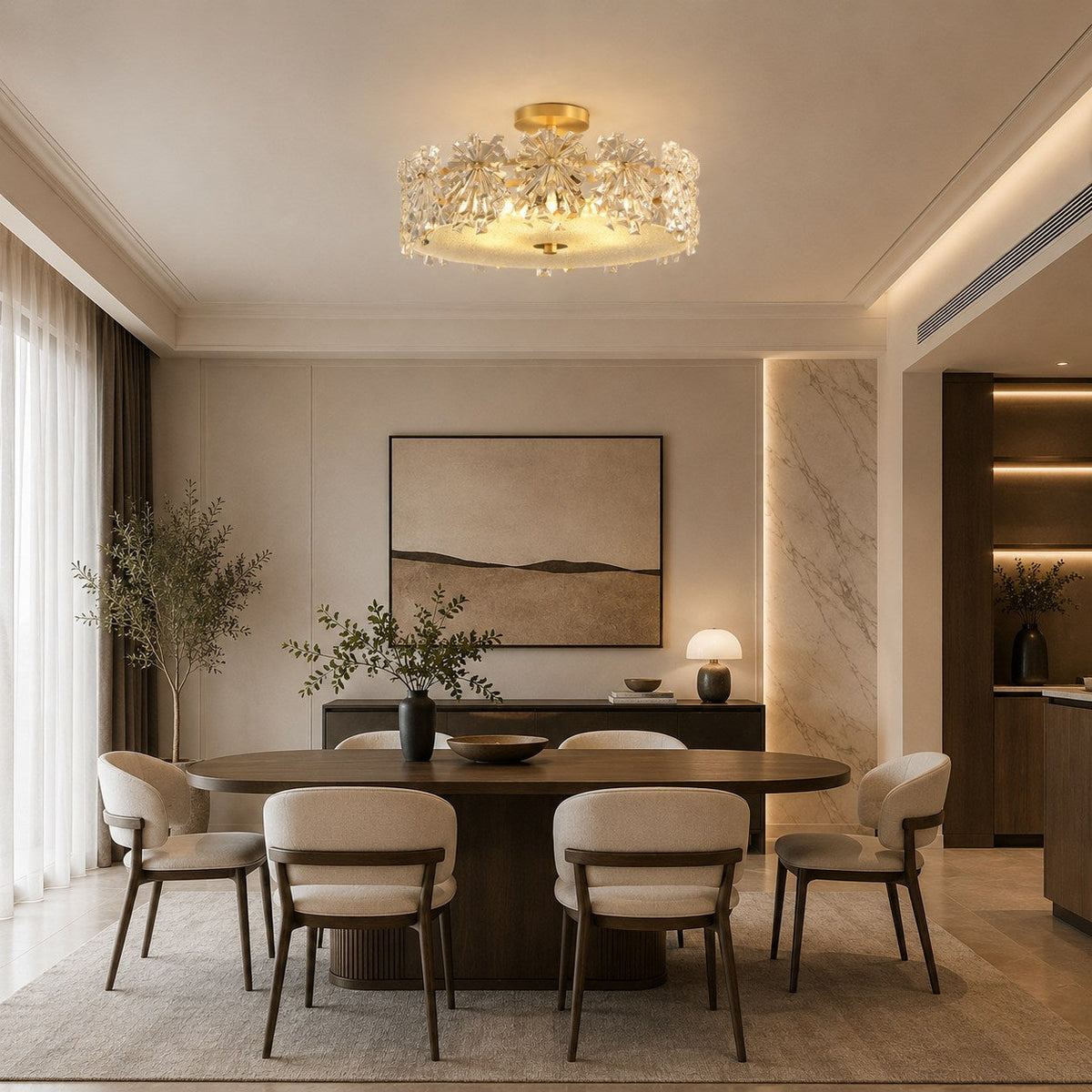 Starburst Glass Ceiling Light Copper Frame LED Flush Mount Soft Ambient