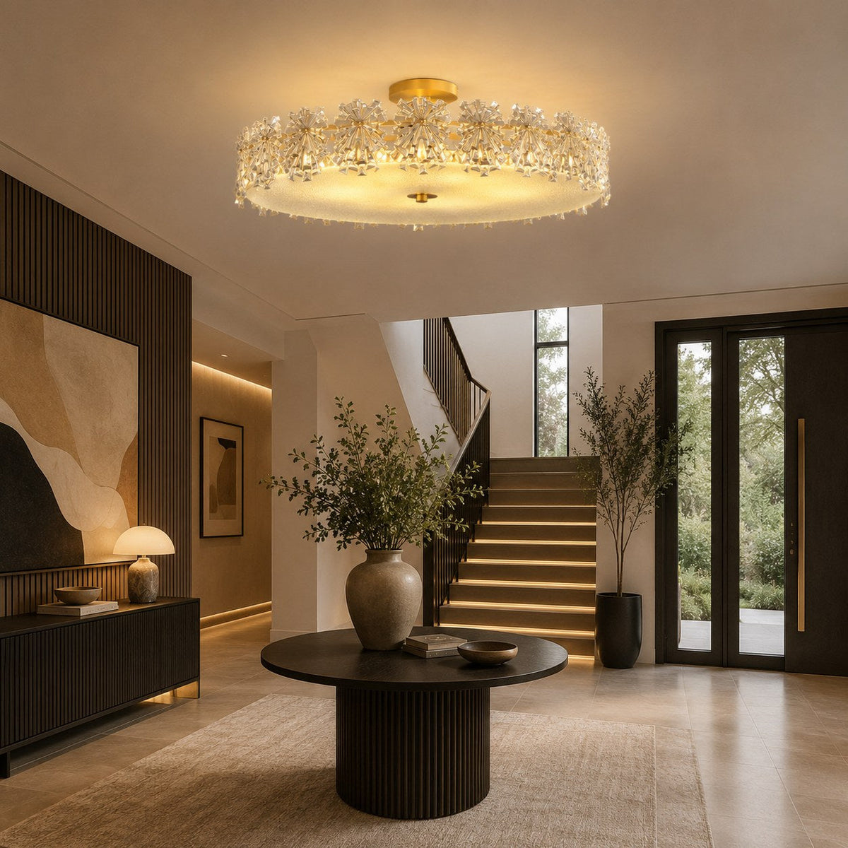 Starburst Glass Ceiling Light Copper Frame LED Flush Mount Soft Ambient
