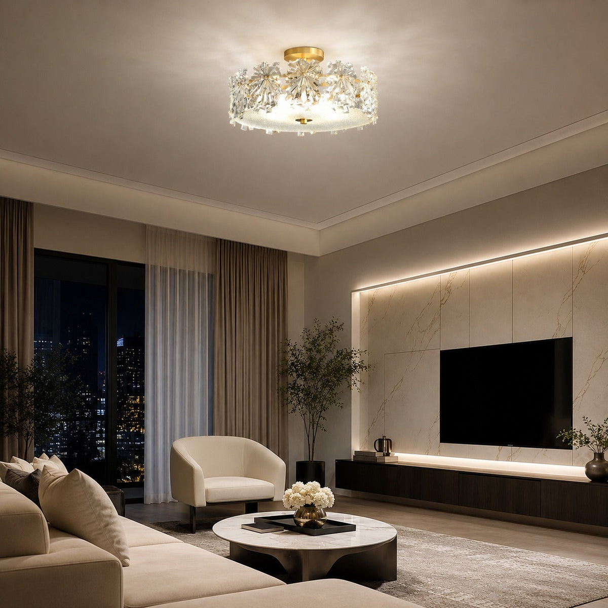 Starburst Glass Ceiling Light Copper Frame LED Flush Mount Soft Ambient