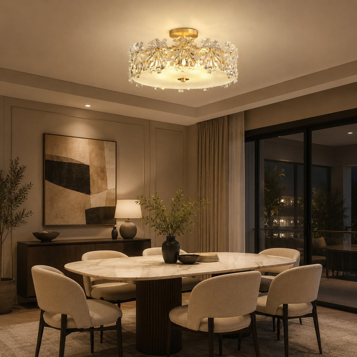 Starburst Glass Ceiling Light Copper Frame LED Flush Mount Soft Ambient