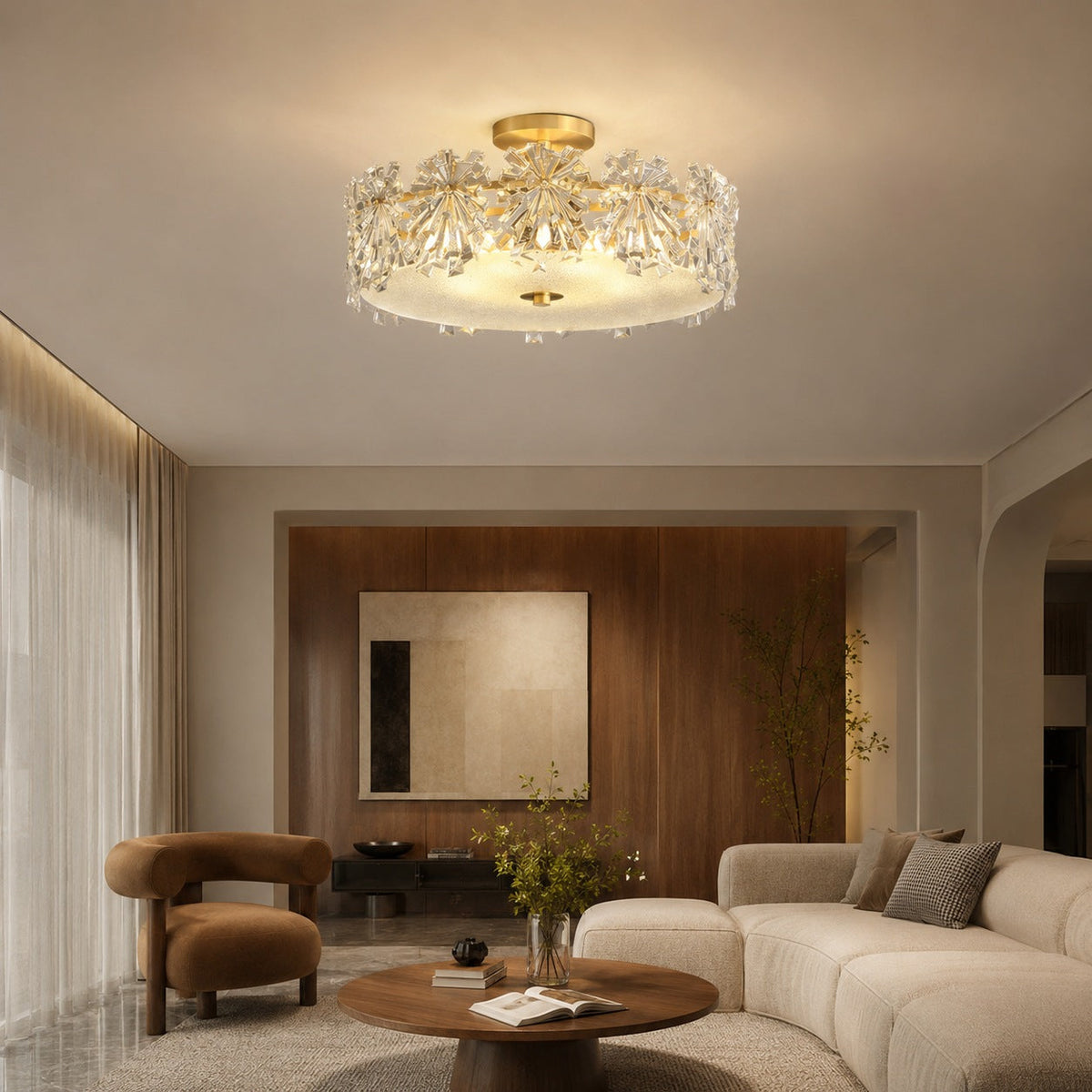 Starburst Glass Ceiling Light Copper Frame LED Flush Mount Soft Ambient
