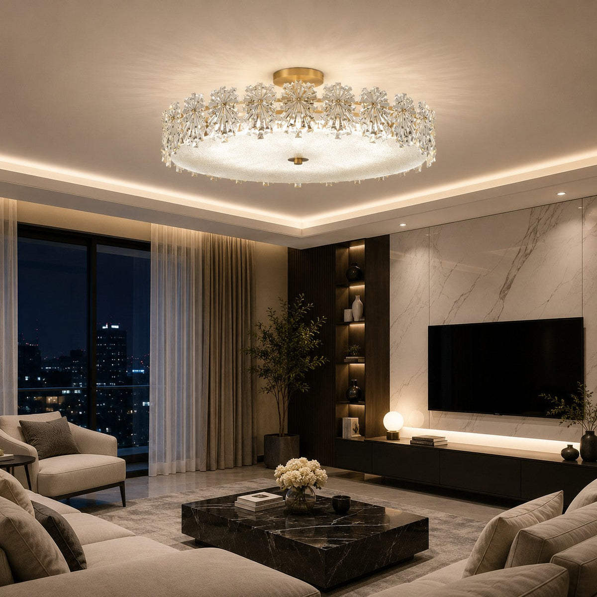 Starburst Glass Ceiling Light Copper Frame LED Flush Mount Soft Ambient