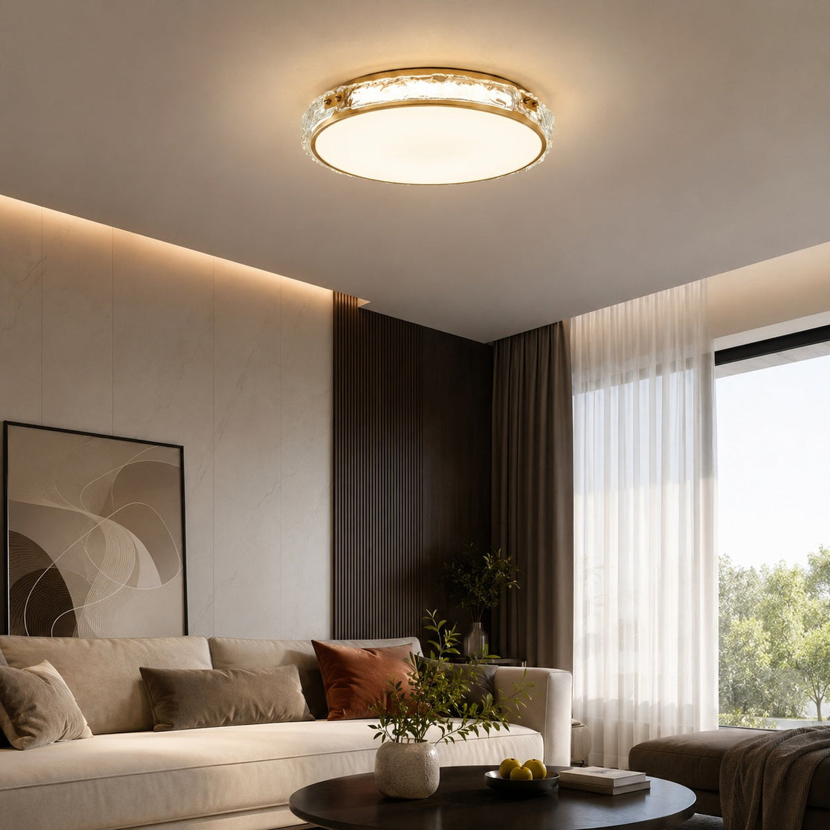 Copper & Glass Circular LED Flush Mount Ceiling Light Soft Ambient Glow