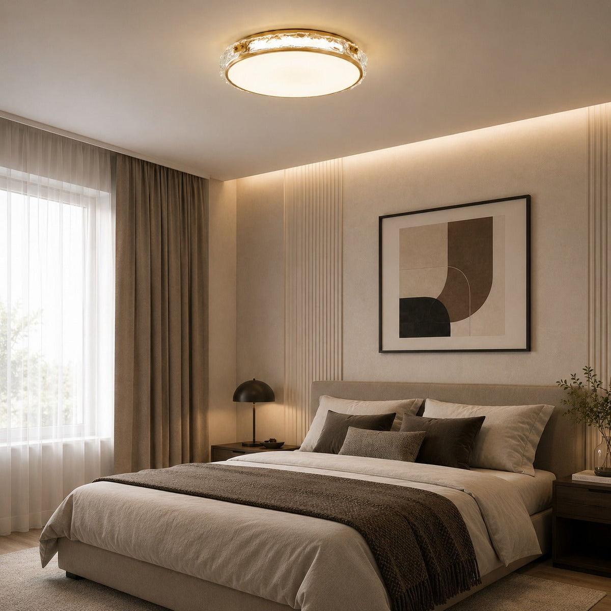 Copper & Glass Circular LED Flush Mount Ceiling Light Soft Ambient Glow