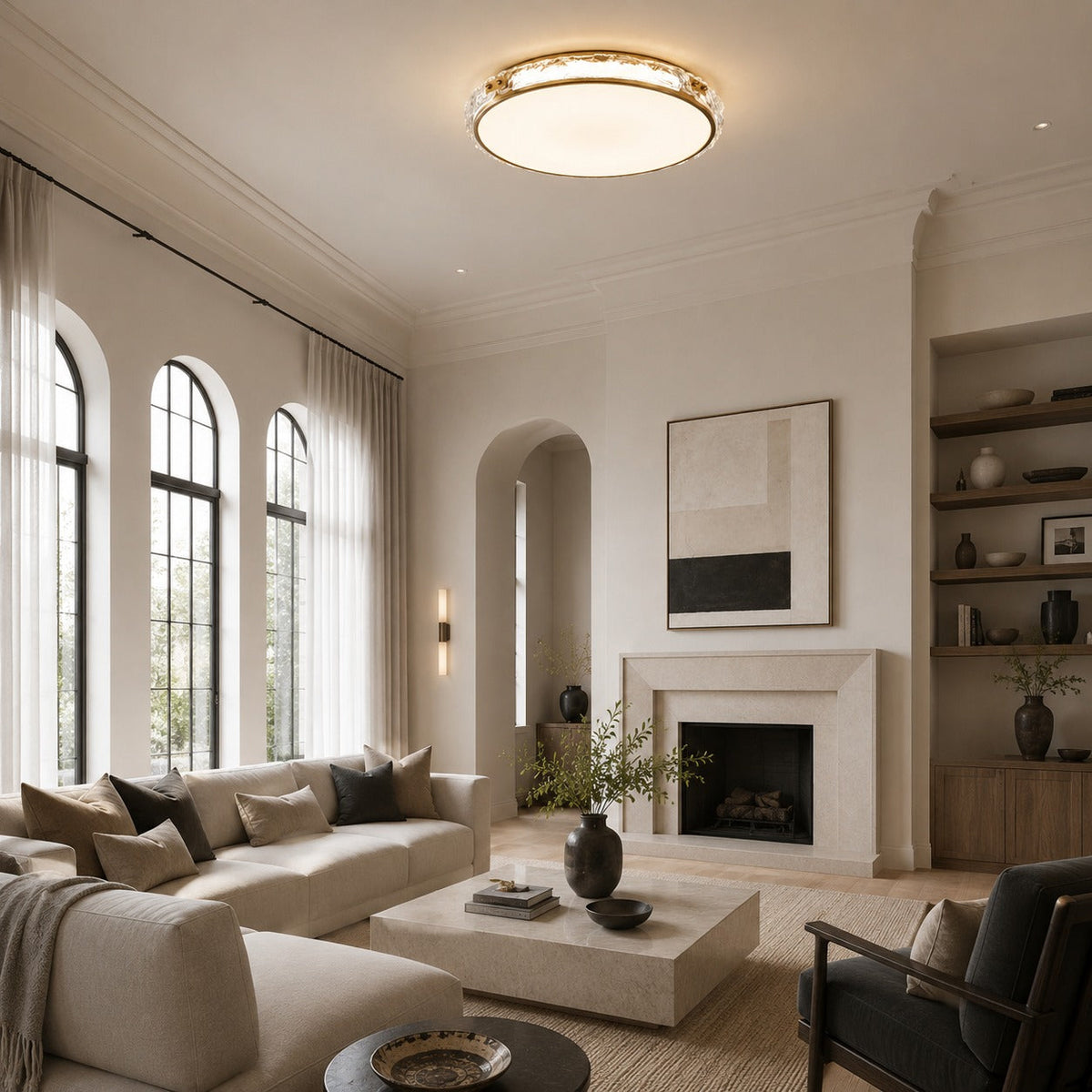 Copper & Glass Circular LED Flush Mount Ceiling Light Soft Ambient Glow