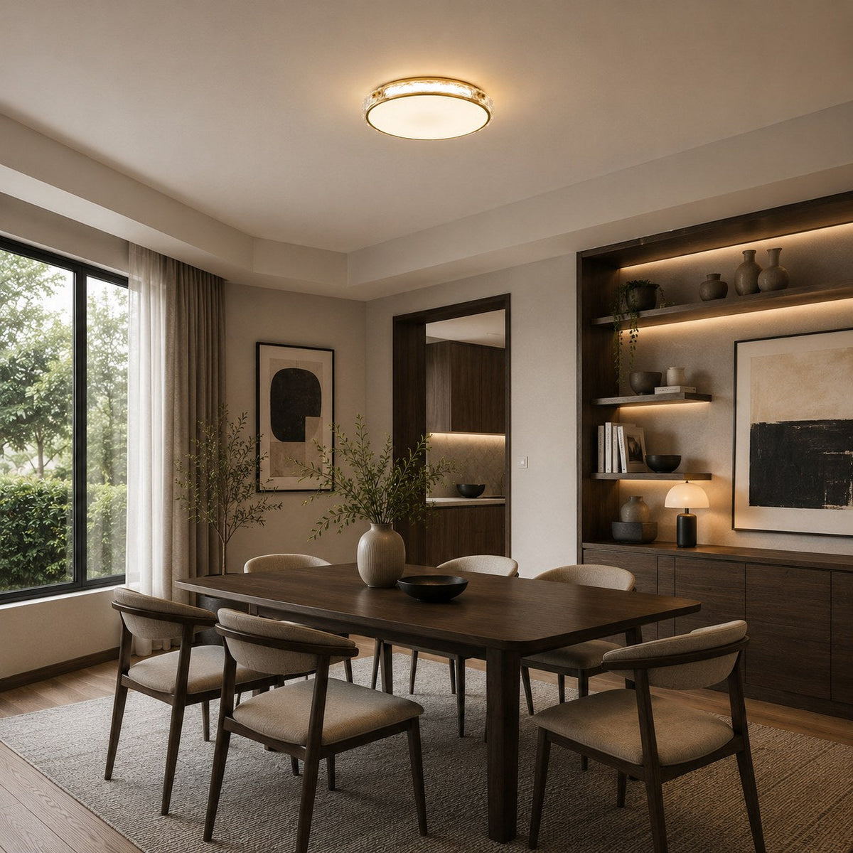 Copper & Glass Circular LED Flush Mount Ceiling Light Soft Ambient Glow