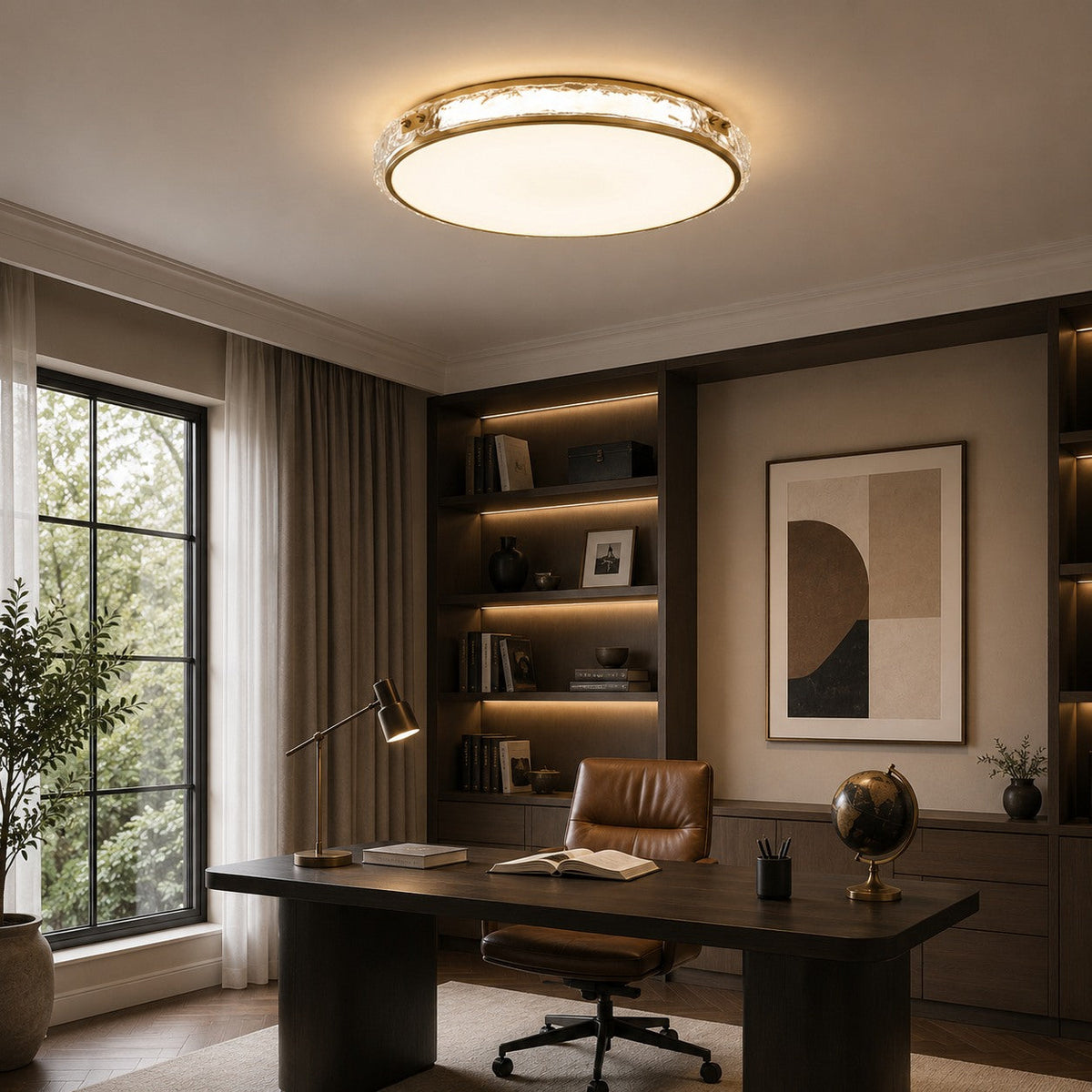 Copper & Glass Circular LED Flush Mount Ceiling Light Soft Ambient Glow