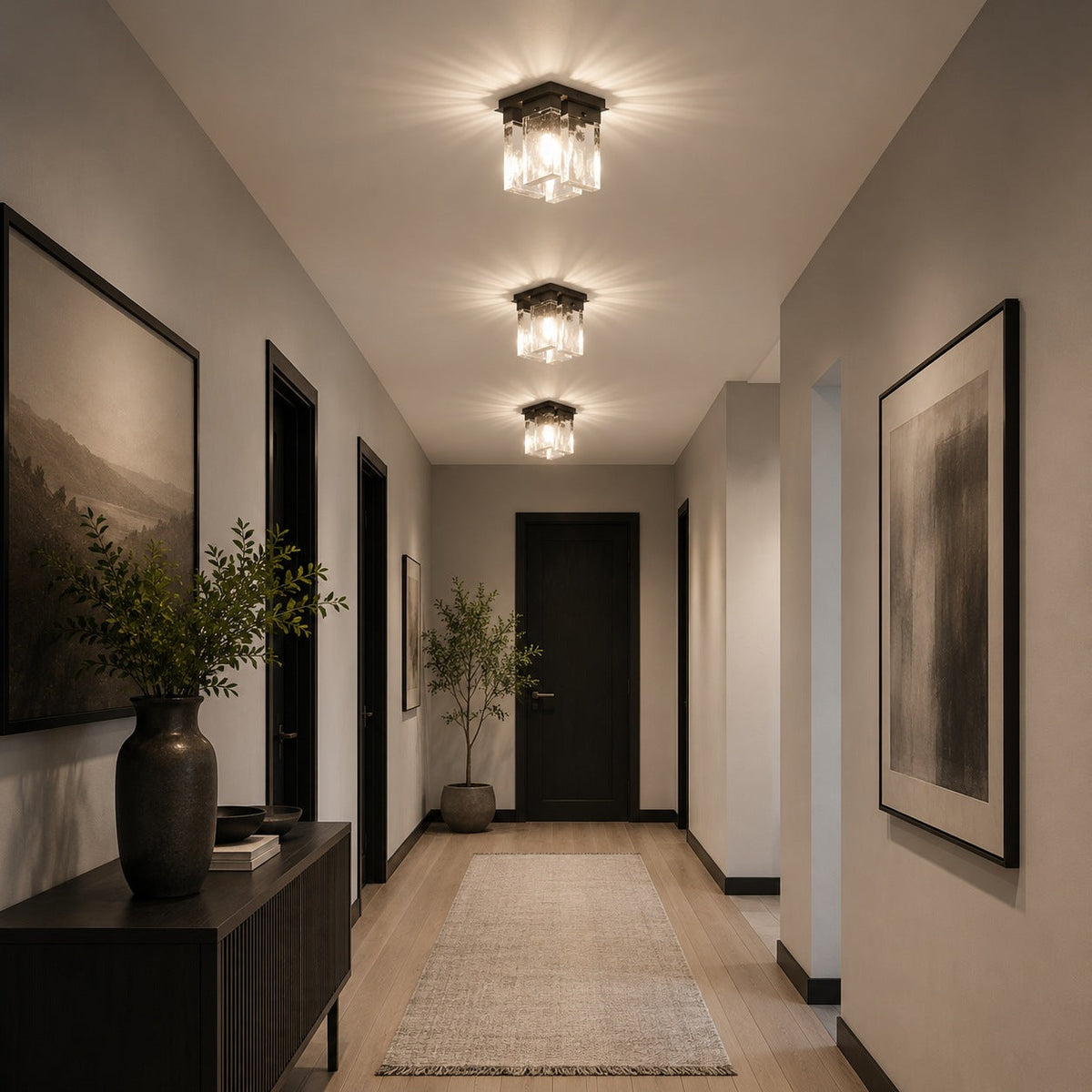 Geometric Textured Glass LED Flush Mount Ceiling Light Copper Iron 4-Panel