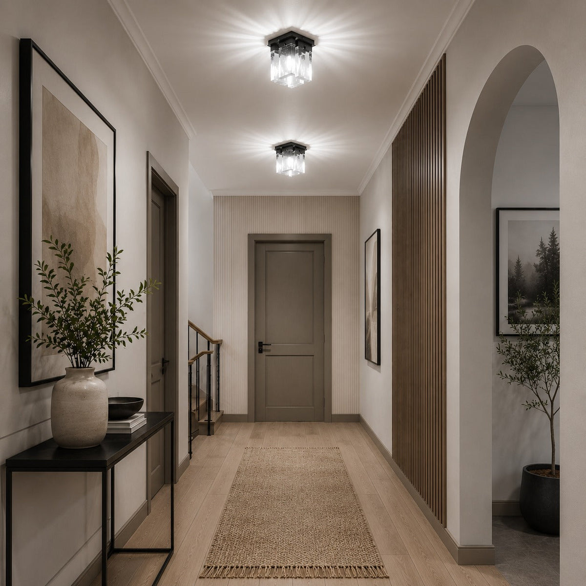 Geometric Textured Glass LED Flush Mount Ceiling Light Copper Iron 4-Panel