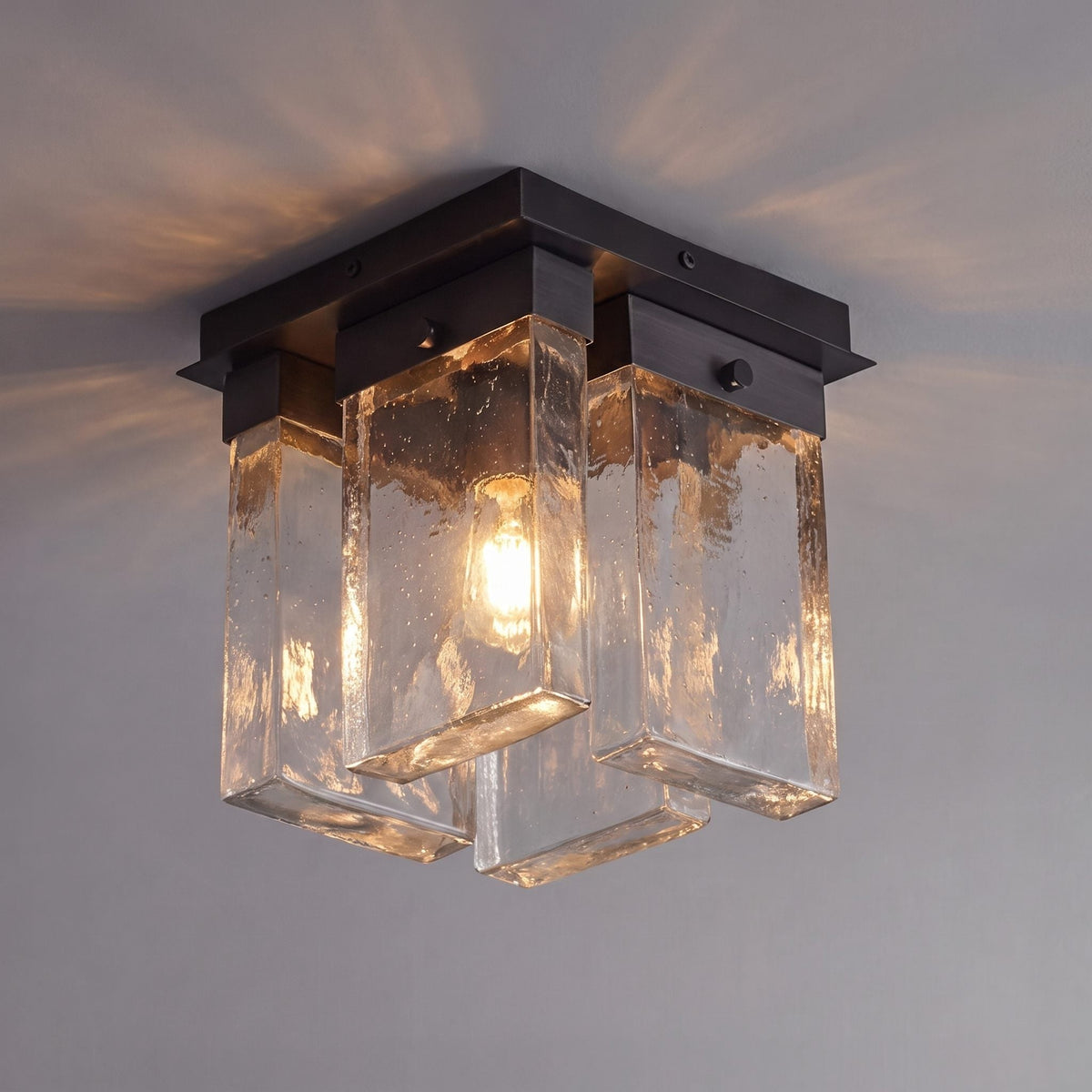 Geometric Textured Glass LED Flush Mount Ceiling Light Copper Iron 4-Panel