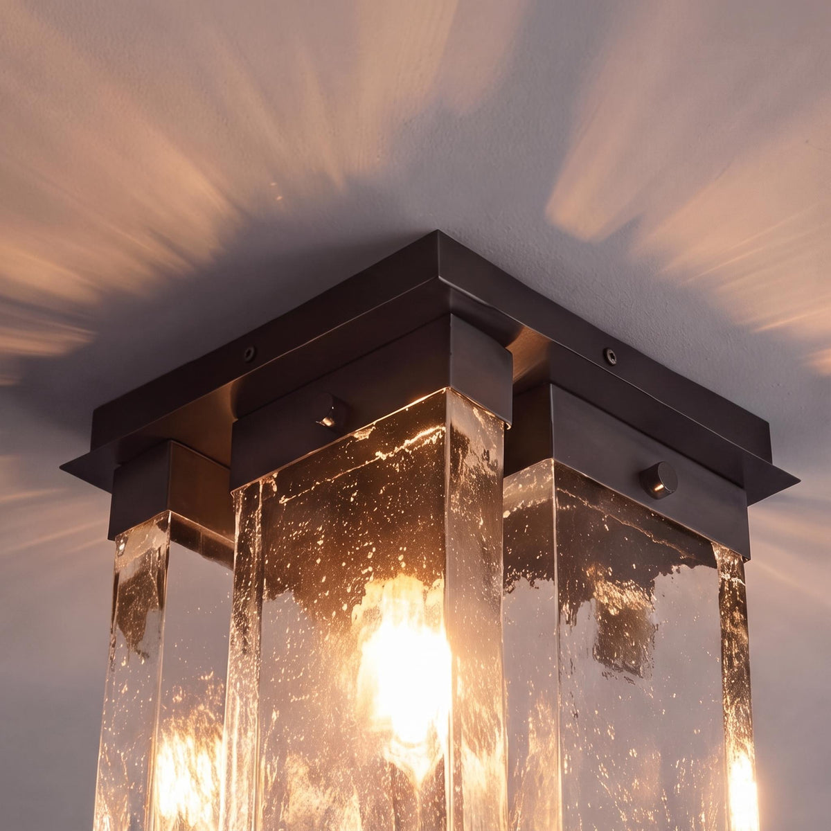 Geometric Textured Glass LED Flush Mount Ceiling Light Copper Iron 4-Panel
