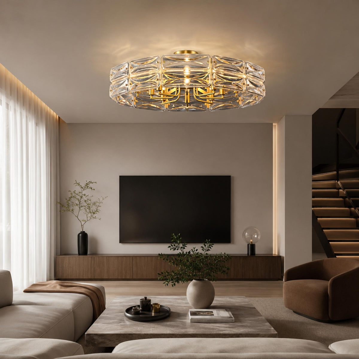 Geometric Glass LED Flush Mount Ceiling Light Gold Copper 6 to 10 Light