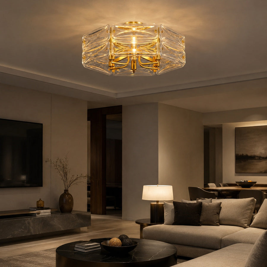 Geometric Glass LED Flush Mount Ceiling Light Gold Copper 6 to 10 Light