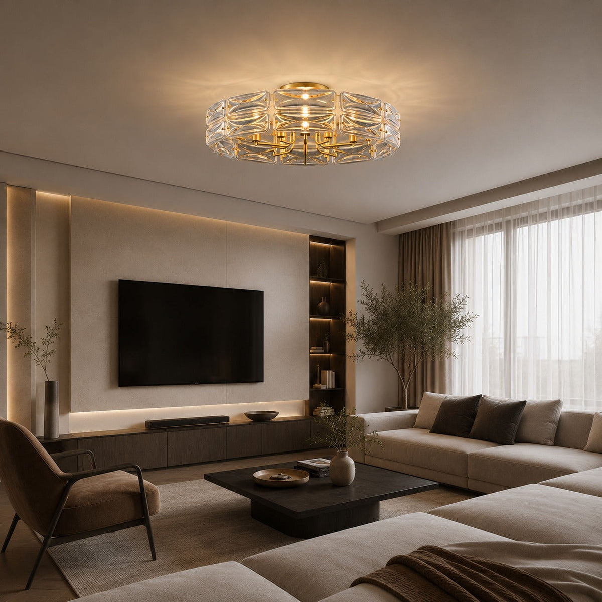 Geometric Glass LED Flush Mount Ceiling Light Gold Copper 6 to 10 Light