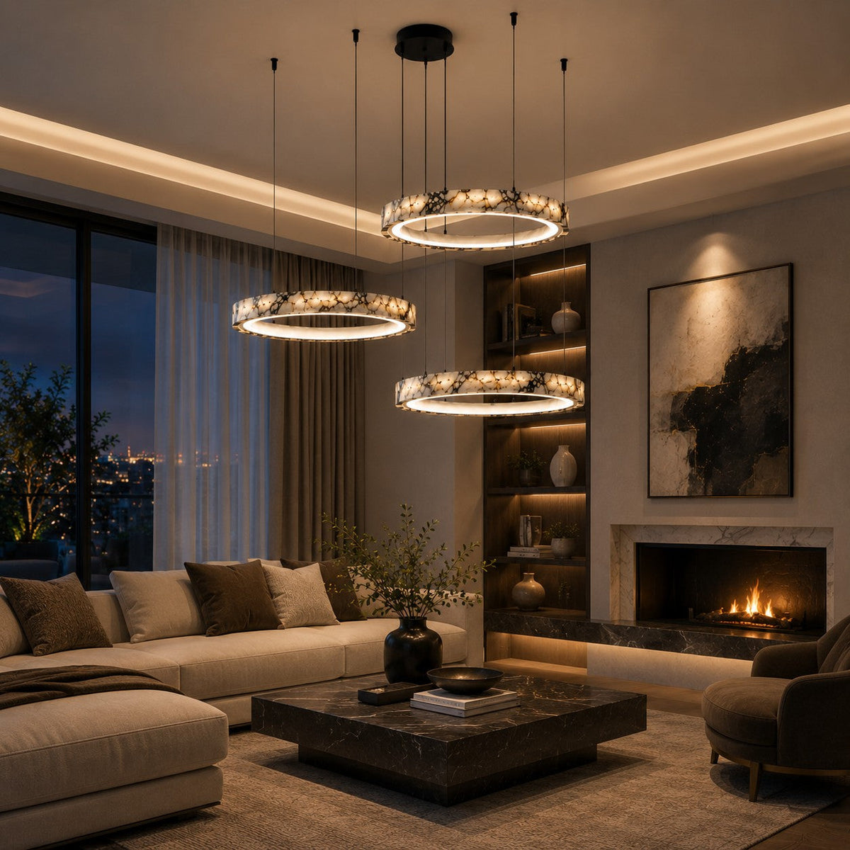 Multi-Ring Marble Chandelier Adjustable LED Hanging