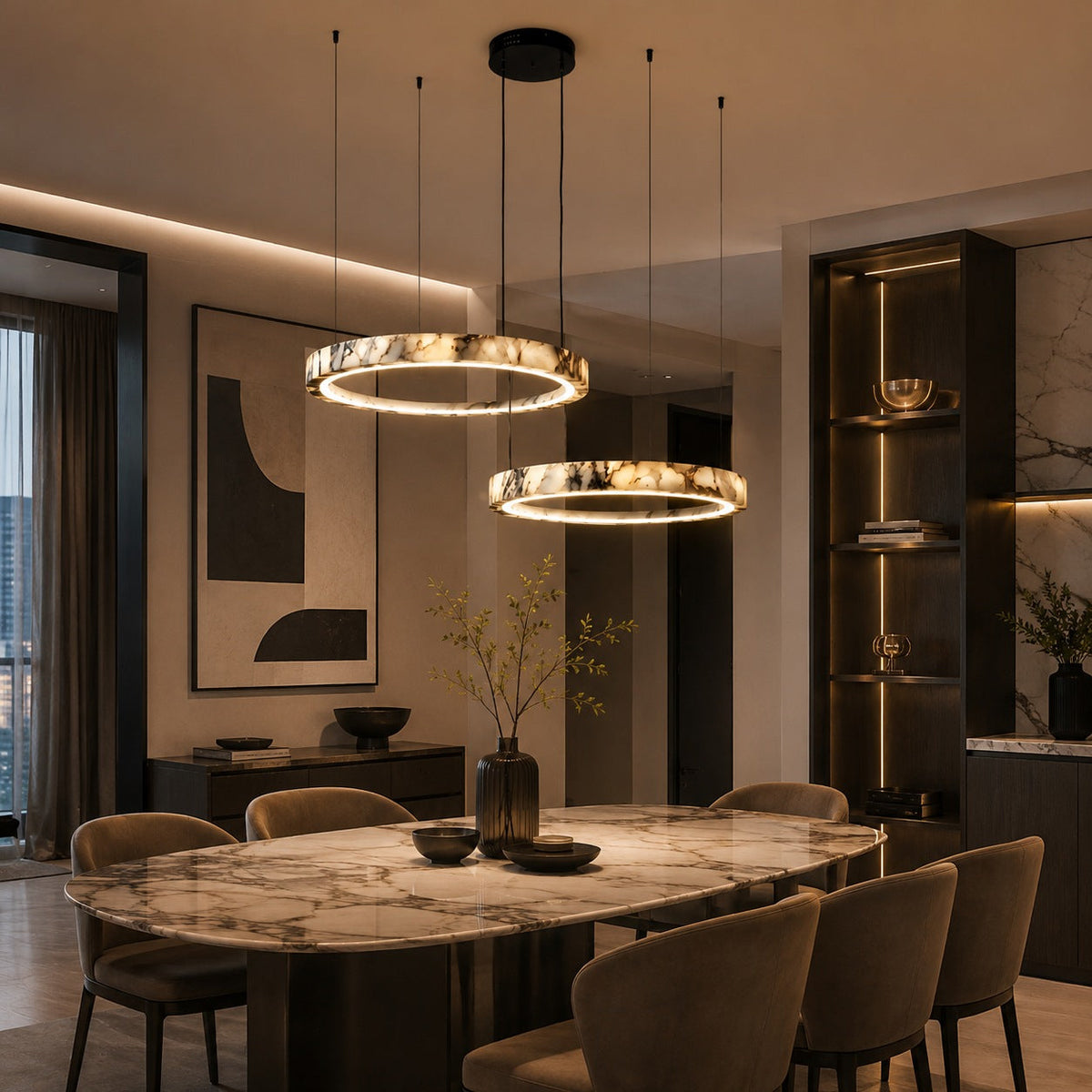 Multi-Ring Marble Chandelier Adjustable LED Hanging