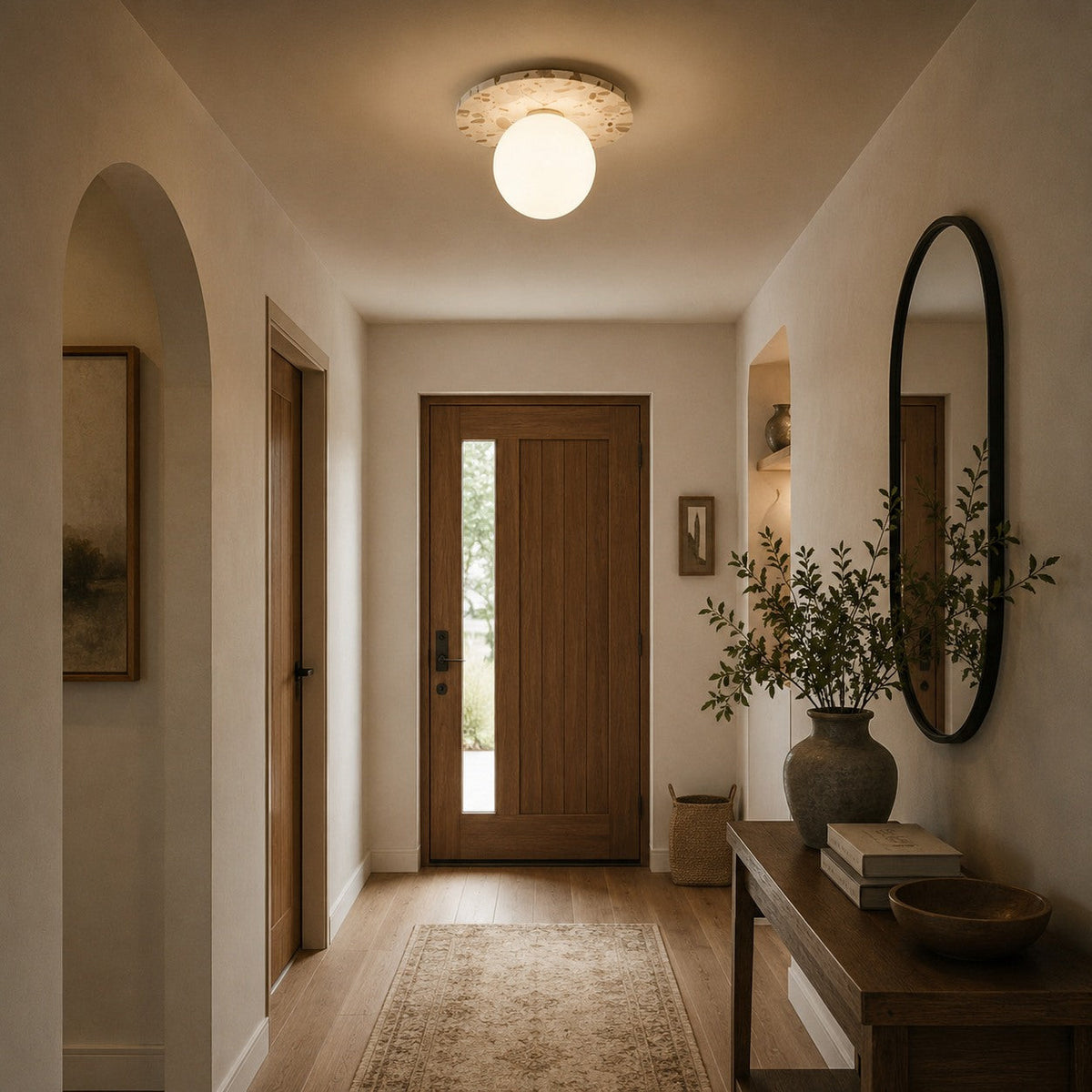 Terrazzo Ceiling Light Spherical Glass Shade Copper Accent LED Flush Mount