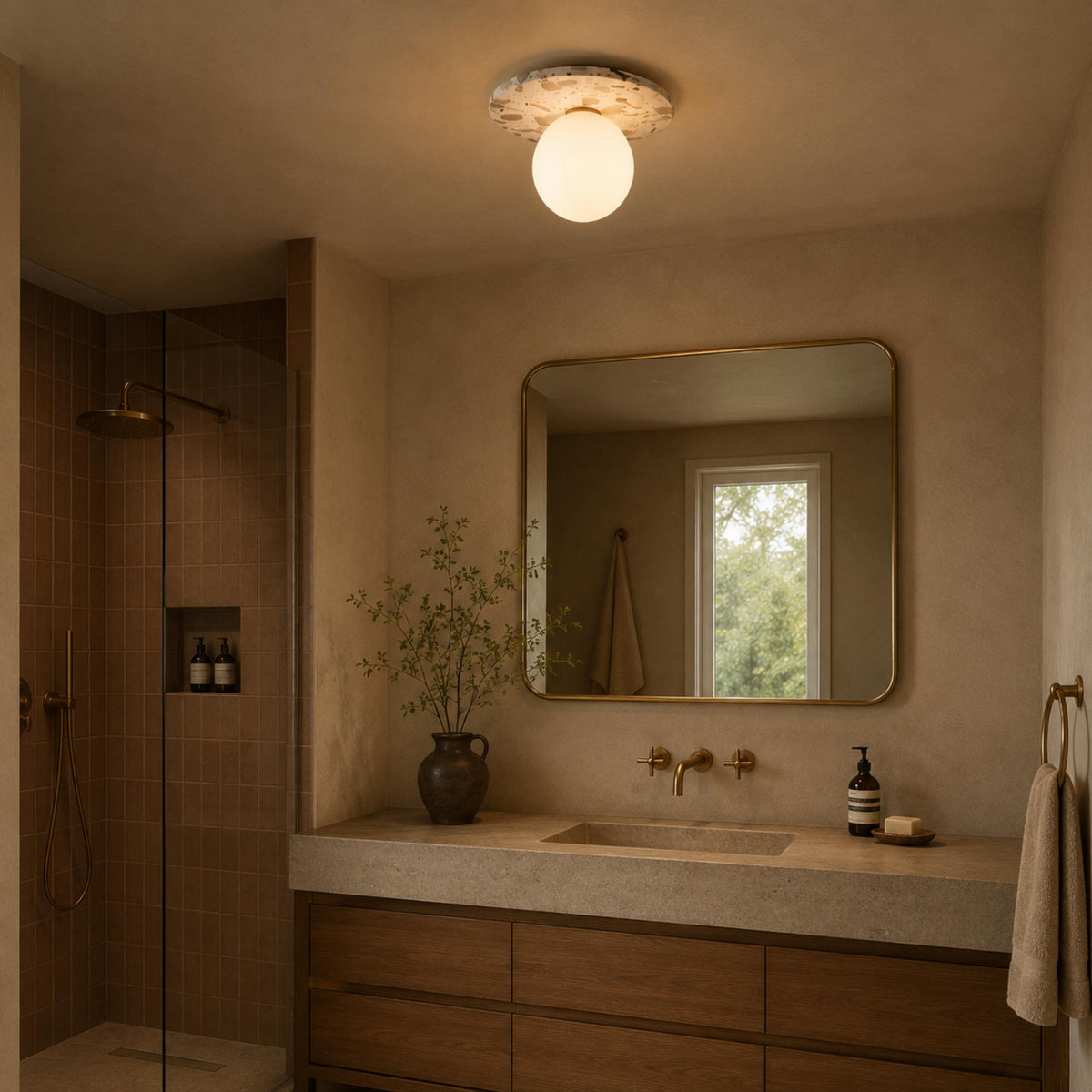 Terrazzo Ceiling Light Spherical Glass Shade Copper Accent LED Flush Mount