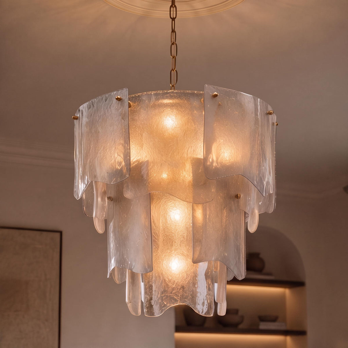Tiered Glass Chandelier Adjustable Hanging LED Fixture