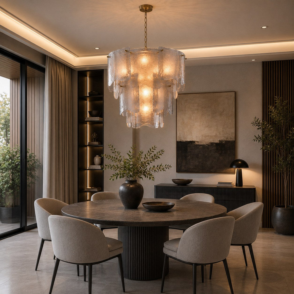 Tiered Glass Chandelier Adjustable Hanging LED Fixture