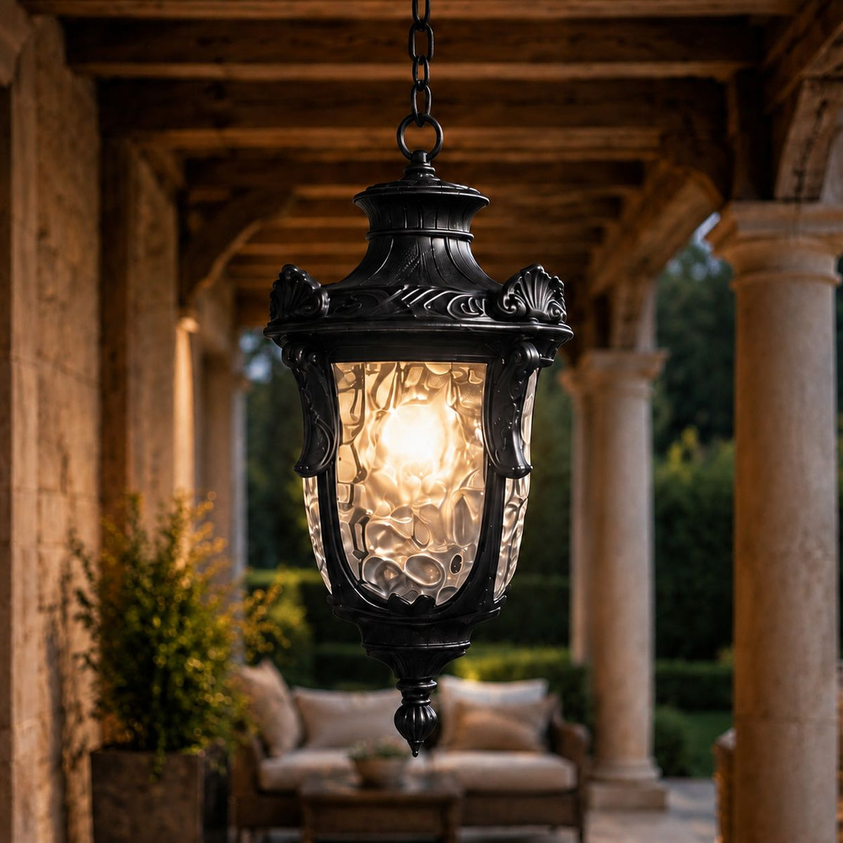 Outdoor Hammered Glass Pendant Lantern Porch Patio Weatherproof IP54
