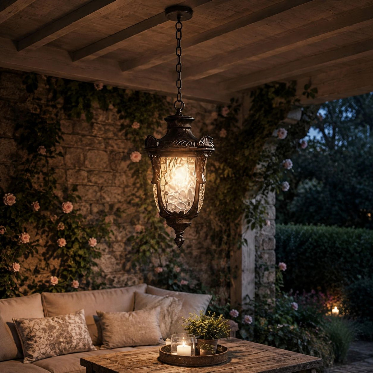 Outdoor Hammered Glass Pendant Lantern Porch Patio Weatherproof IP54