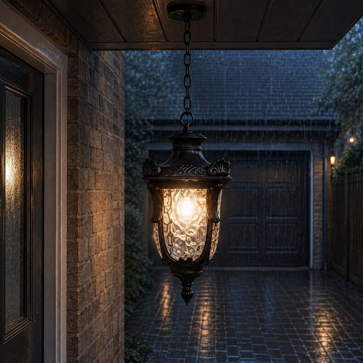 Outdoor Hammered Glass Pendant Lantern Porch Patio Weatherproof IP54