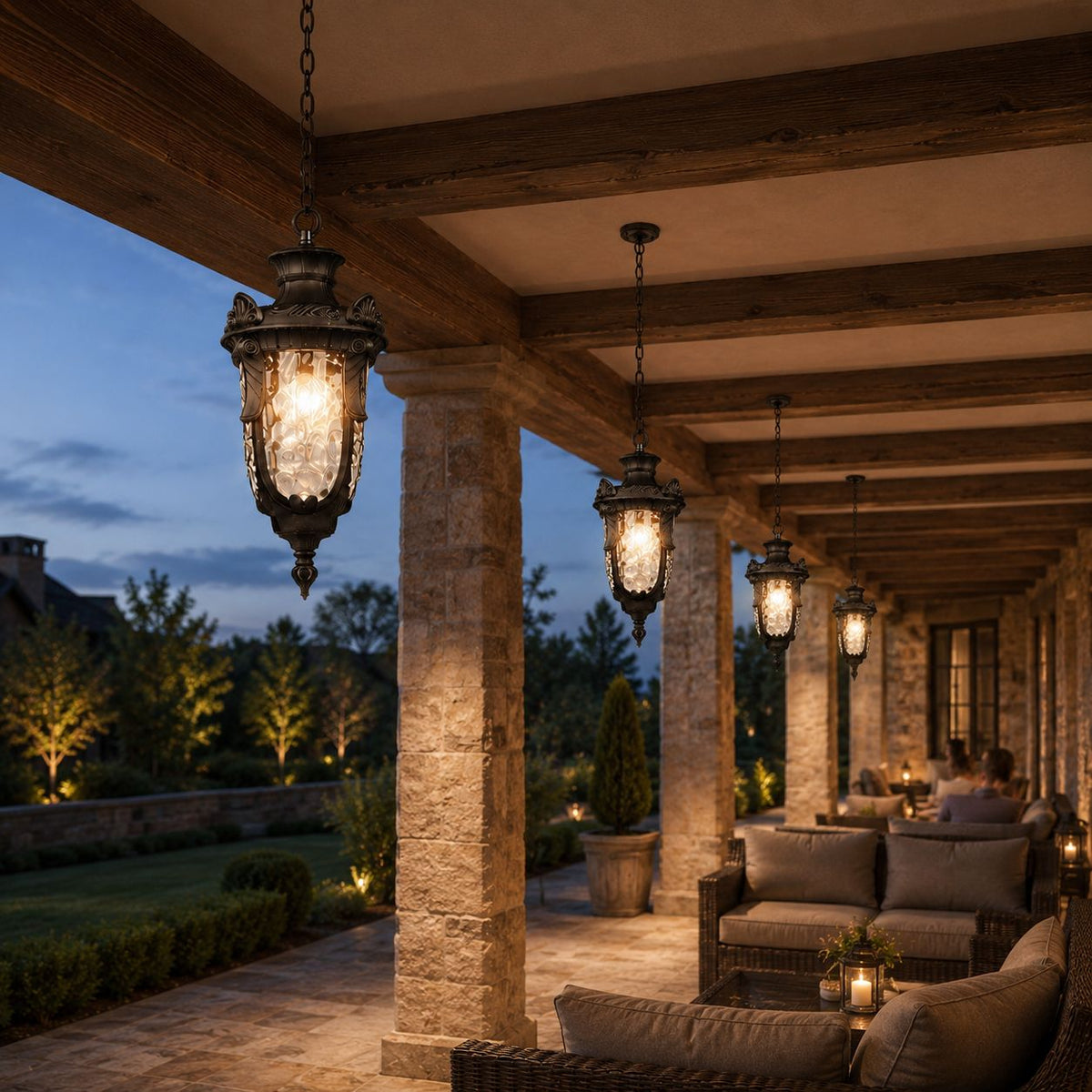 Outdoor Hammered Glass Pendant Lantern Porch Patio Weatherproof IP54