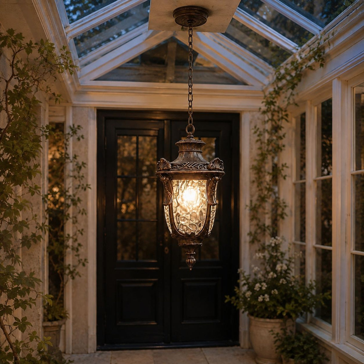Outdoor Hammered Glass Pendant Lantern Porch Patio Weatherproof IP54