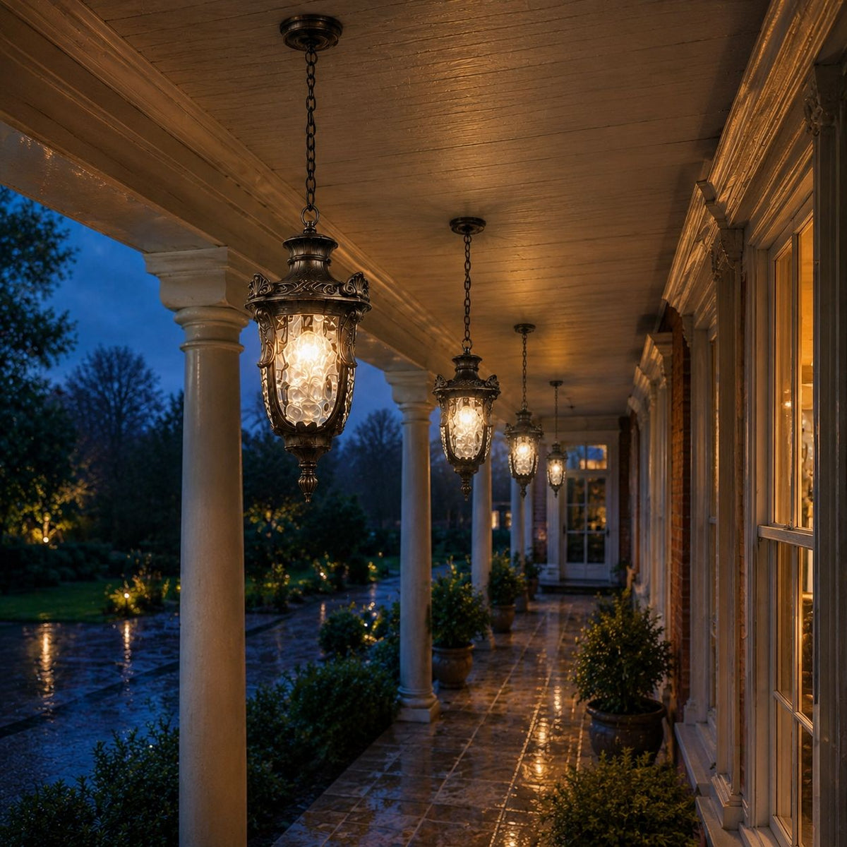 Outdoor Hammered Glass Pendant Lantern Porch Patio Weatherproof IP54