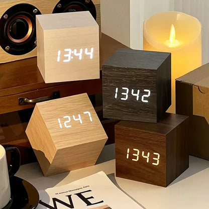 Wooden Digital Alarm Clock with Temperature Sound Control Electronic Clocks Desktop USB/AAA
