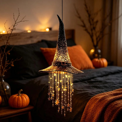 Lighted Witch Hat Hanging Decoration LED Cascading Stars Halloween Ornament