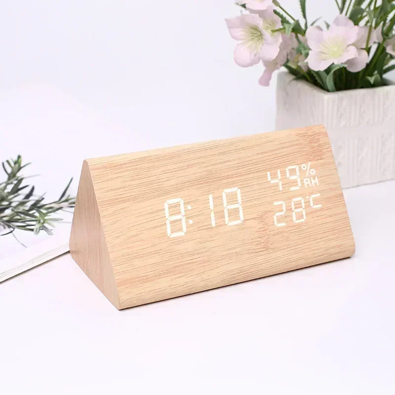 LED Digital Alarm Clock Wooden Desk Clock with Temperature & Sound Control Bedside Alarm Clock