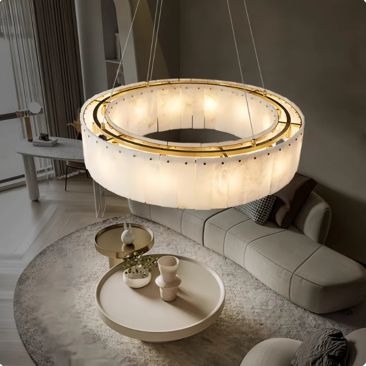 Natural Marble & Brass Ring Chandelier Pendant Light Round Linear & 2-Tier
