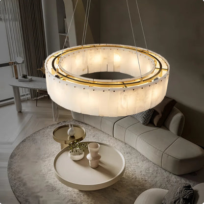 Natural Marble & Brass Ring Chandelier Pendant Light Round Linear & 2-Tier