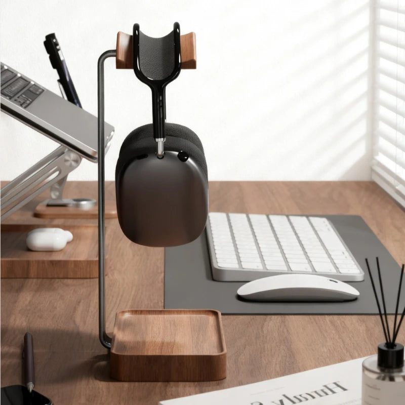 Walnut Wood & Aluminium Headphone Stand Desktop Holder with Storage Base